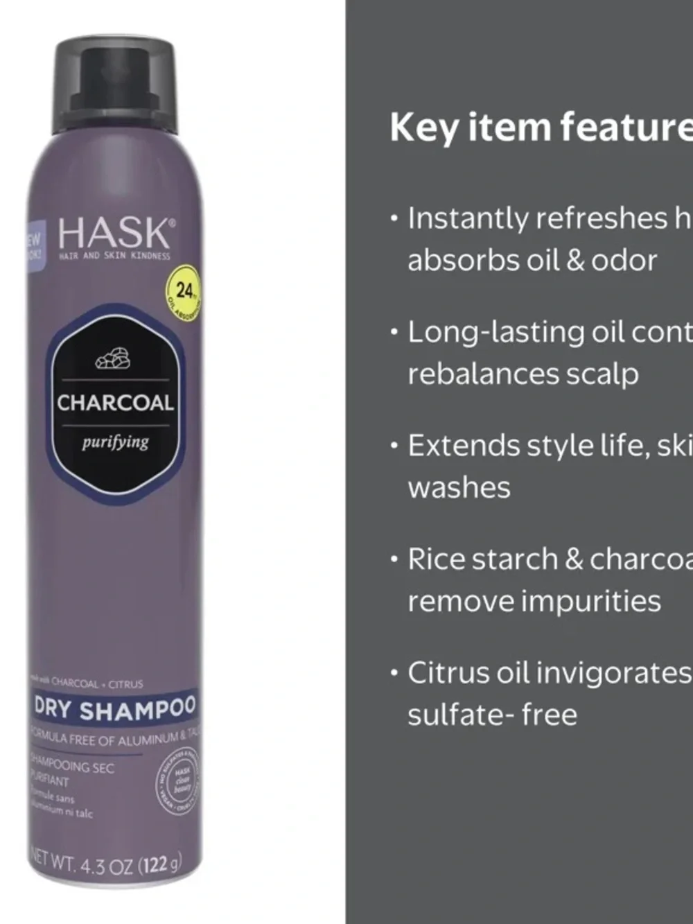 Hask Charcoal & Citrus Purifying Oil Control Dry Shampoo, 4.3 oz NWT